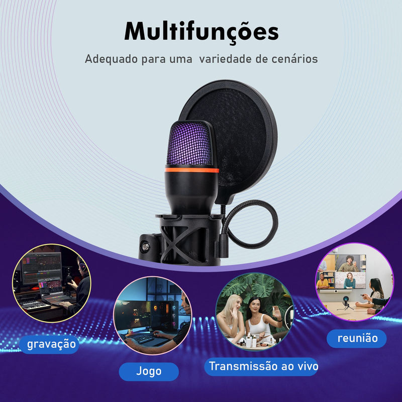 Microfone de Mesa USB RGB – Cancelamento de Ruído, 48KHz, Tripé Ajustável, Plug & Play para Gamers e Streamers