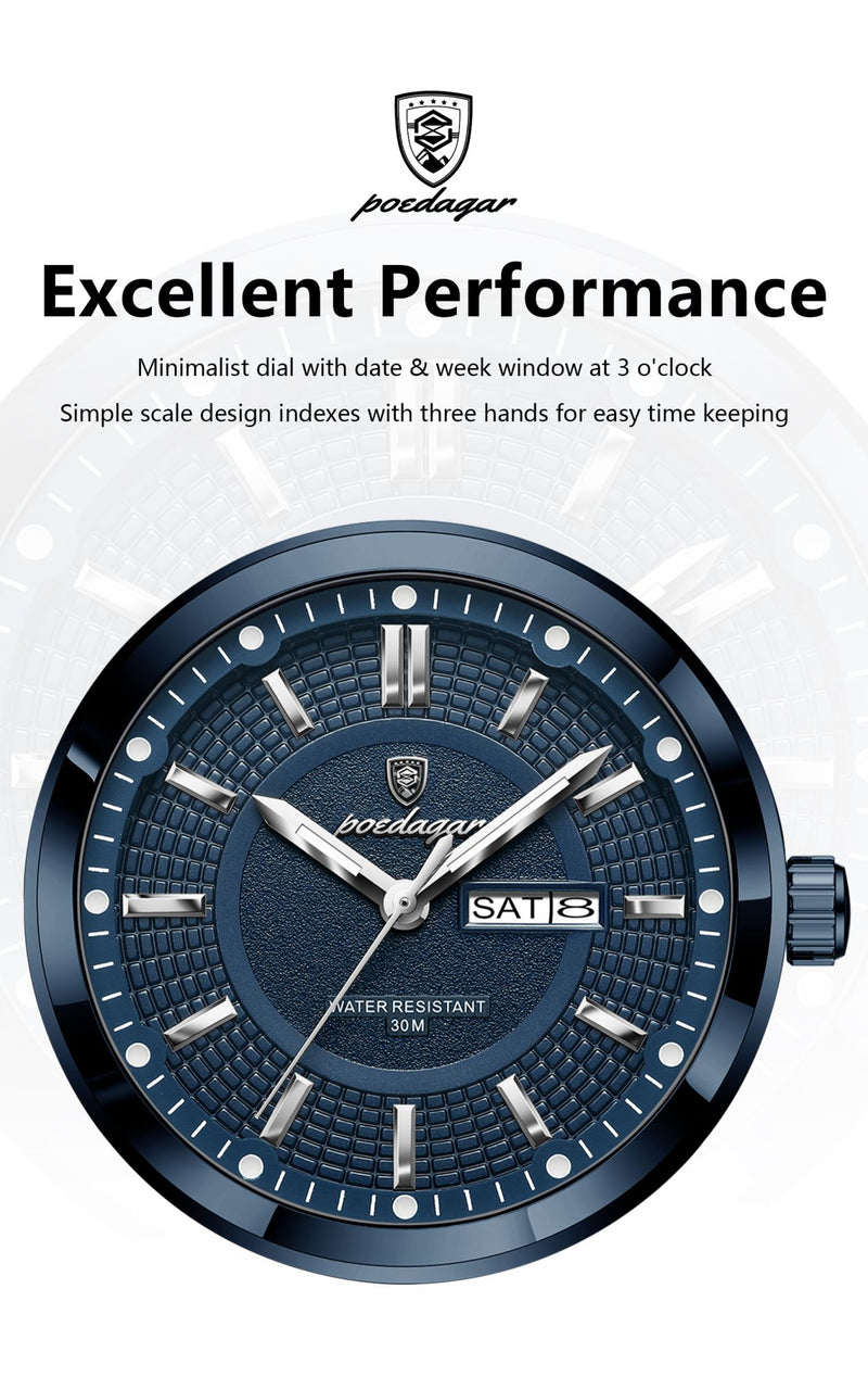Relógio Masculino Poedagar Esporte Luxo – Quartzo, Aço Inoxidável, À Prova D’Água