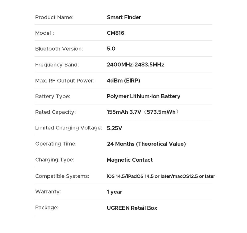 UGREEN Smart Bluetooth Tracker – Localizador de Chaves e Itens, Compatível com Apple Find My (iOS), Bateria até 2 Anos