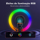 Microfone de Mesa USB RGB – Cancelamento de Ruído, 48KHz, Tripé Ajustável, Plug & Play para Gamers e Streamers