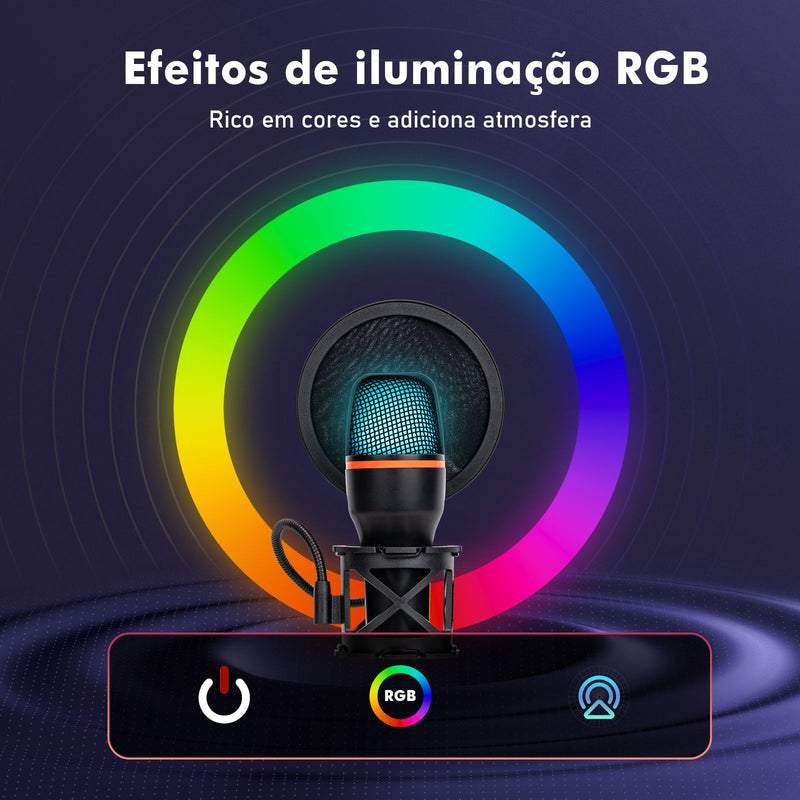 Microfone de Mesa USB RGB – Cancelamento de Ruído, 48KHz, Tripé Ajustável, Plug & Play para Gamers e Streamers