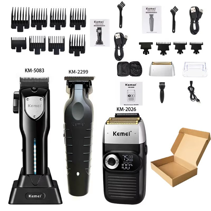 Kit Profissional de Corte de Cabelo Kemei – Aparador e Barbeador Elétrico Masculino KM-2299 / KM-2026 / KM-5083