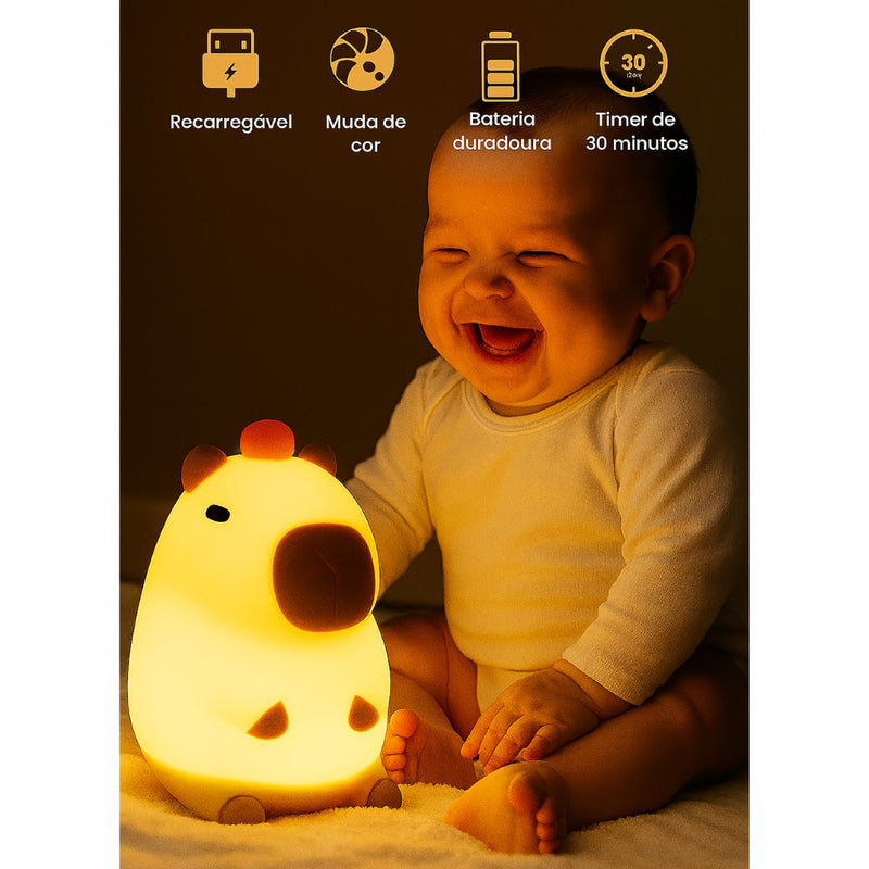 Luminária Capivara LED Noturna – Recarregável USB, Toque, Luz Suave Sleep Night TikTok