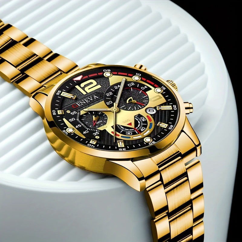 Conjunto Masculino 4 Peças – Relógio de Luxo Quartzo + Colar Cruz + Pulseira + Anel, Presente de Negócios