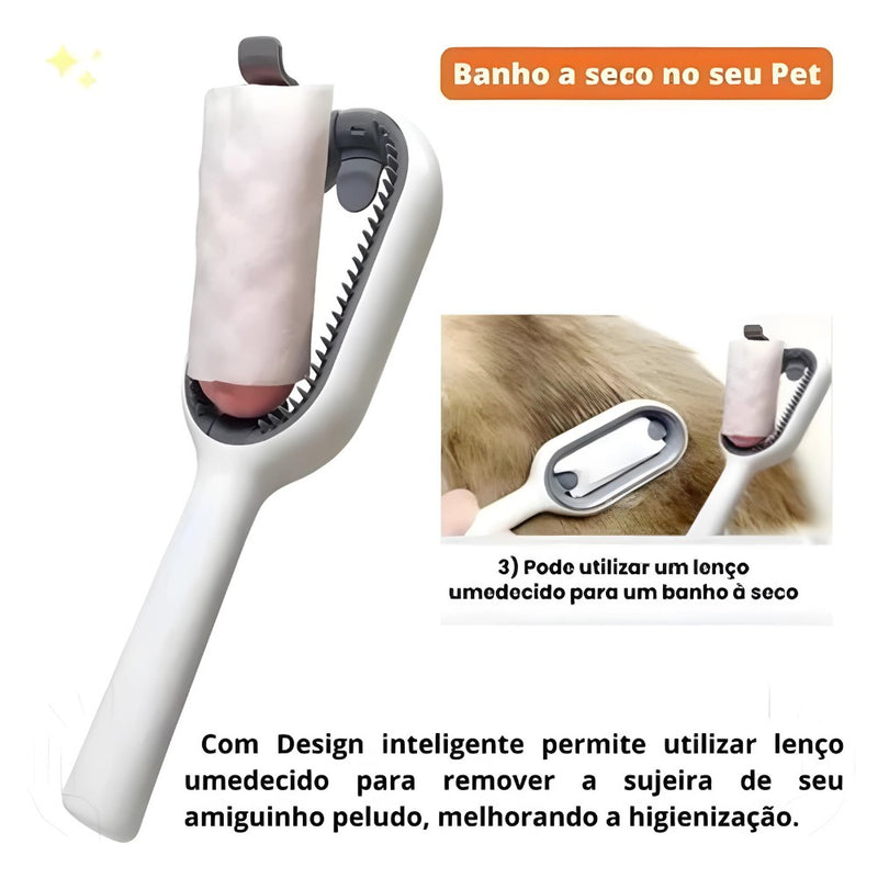 Escova Pet 4 em 1 para Gatos e Cachorros – Removedor de Pelos, Banho Seco, Massagem e Aparador