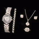 Conjunto Feminino de Luxo 5 Peças – Relógio, Colar, Brincos, Anel e Pulseira com Cristais