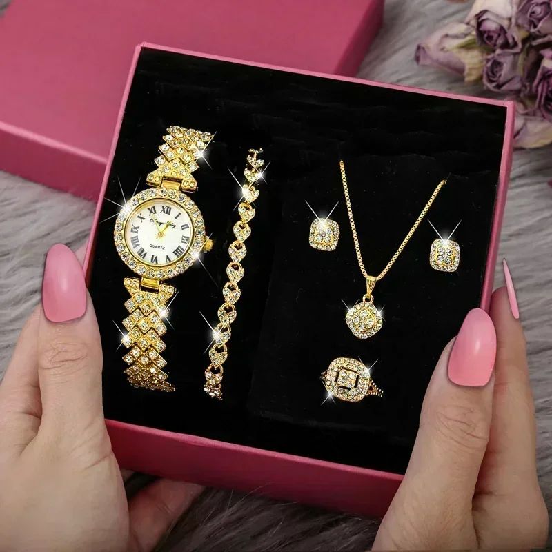 Conjunto Feminino de Luxo 5 Peças – Relógio, Colar, Brincos, Anel e Pulseira com Cristais