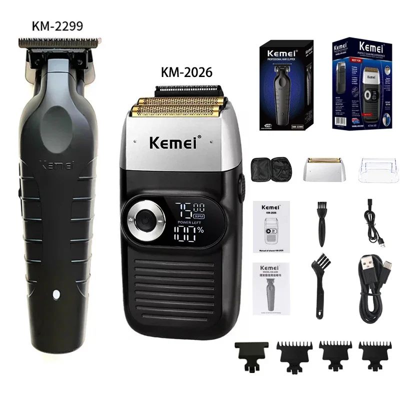 Kit Profissional de Corte de Cabelo Kemei – Aparador e Barbeador Elétrico Masculino KM-2299 / KM-2026 / KM-5083