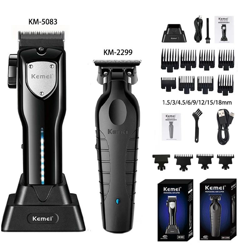 Kit Profissional de Corte de Cabelo Kemei – Aparador e Barbeador Elétrico Masculino KM-2299 / KM-2026 / KM-5083