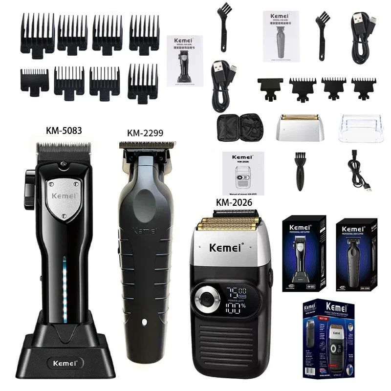 Kit Profissional de Corte de Cabelo Kemei – Aparador e Barbeador Elétrico Masculino KM-2299 / KM-2026 / KM-5083