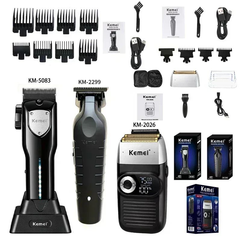 Kit Profissional de Corte de Cabelo Kemei – Aparador e Barbeador Elétrico Masculino KM-2299 / KM-2026 / KM-5083