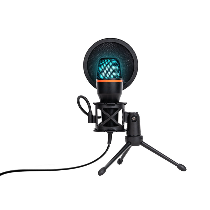 Microfone de Mesa USB RGB – Cancelamento de Ruído, 48KHz, Tripé Ajustável, Plug & Play para Gamers e Streamers