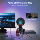 Microfone de Mesa USB RGB – Cancelamento de Ruído, 48KHz, Tripé Ajustável, Plug & Play para Gamers e Streamers