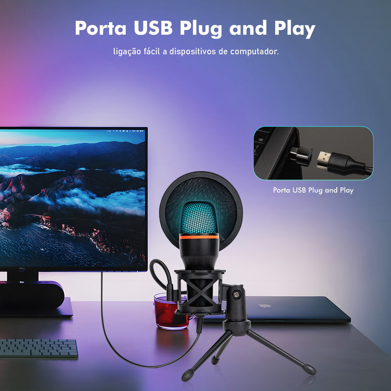 Microfone de Mesa USB RGB – Cancelamento de Ruído, 48KHz, Tripé Ajustável, Plug & Play para Gamers e Streamers