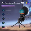 Microfone de Mesa USB RGB – Cancelamento de Ruído, 48KHz, Tripé Ajustável, Plug & Play para Gamers e Streamers