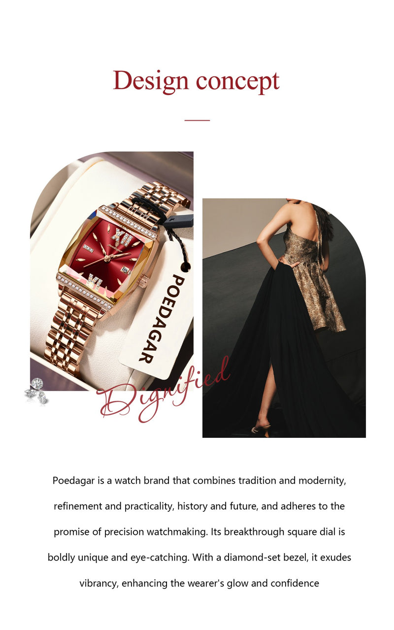 Relógio Feminino de Luxo Poedagar – Quartzo, Diamante, À Prova D’Água, Aço Inoxidável + Caixa Premium